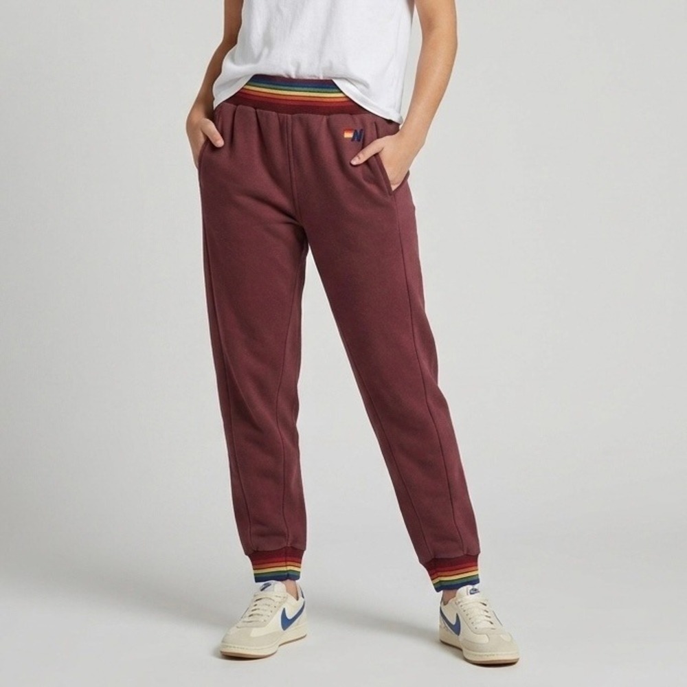 Aviator Nation Maroon Track Joggers with Rainbow Waistband